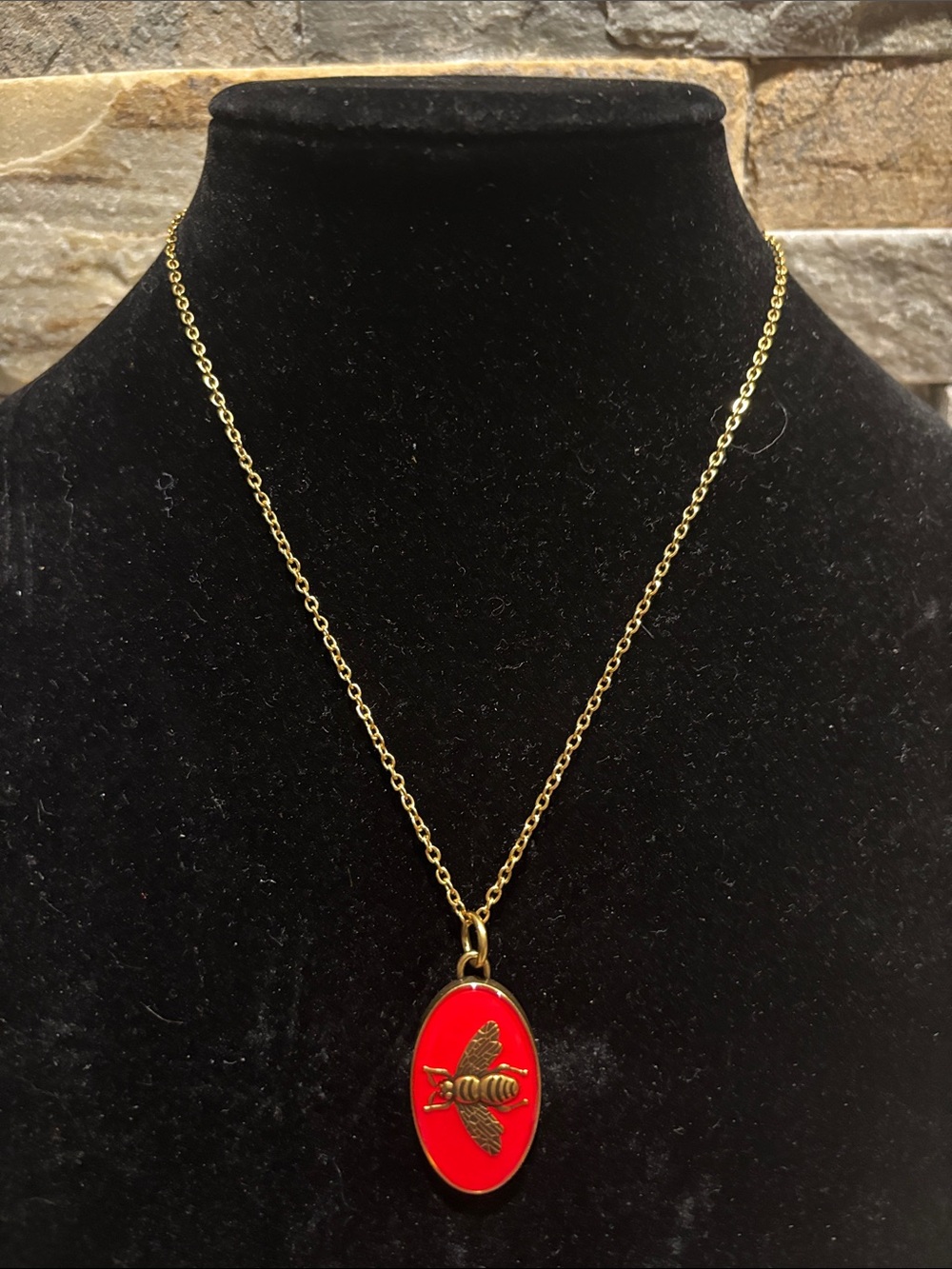 Gold & Red GG Bee Pendant Necklace